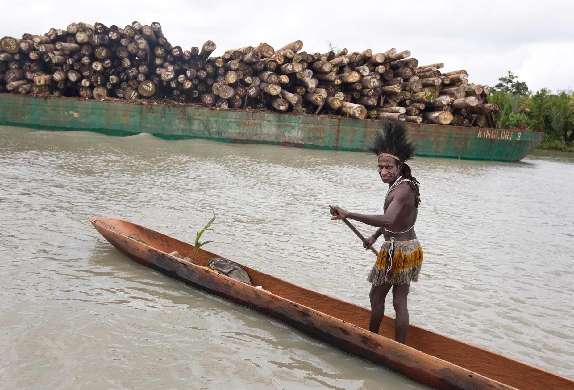 illegal logging and indigenous man, by Scotland Greenpeace photographer
