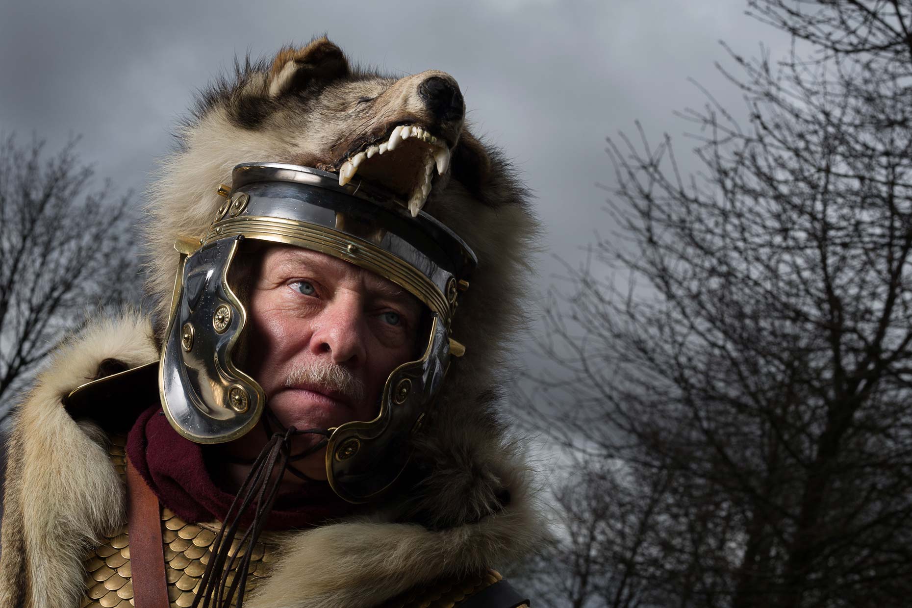 Portrait of Roman Soldier wearing bearskin, by Glasgow photographer Sutton-Hibbert