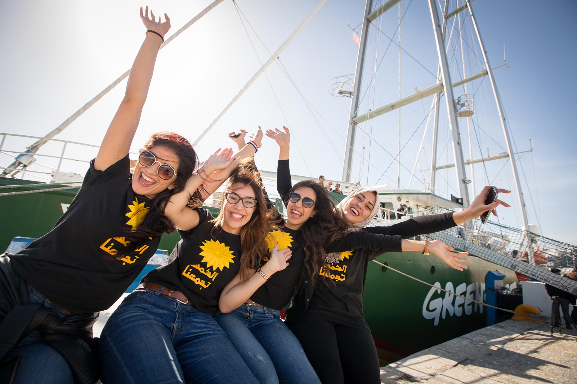 Greenpeace ship Rainbow Warrior and activists, by Scotland Greenpeace photographer