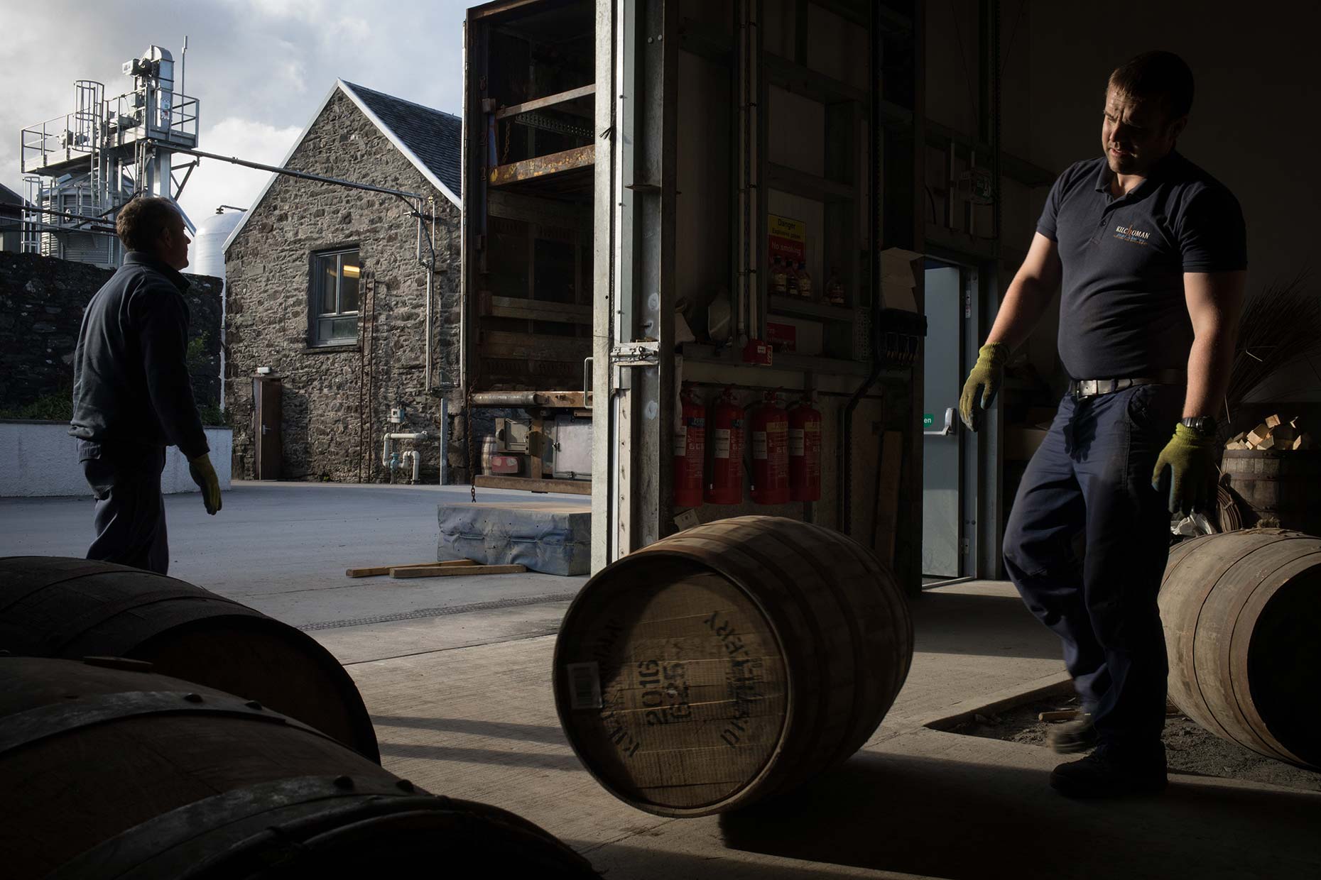 Unloading casks at Kilchoman single malt whisky, Islay, Scotland