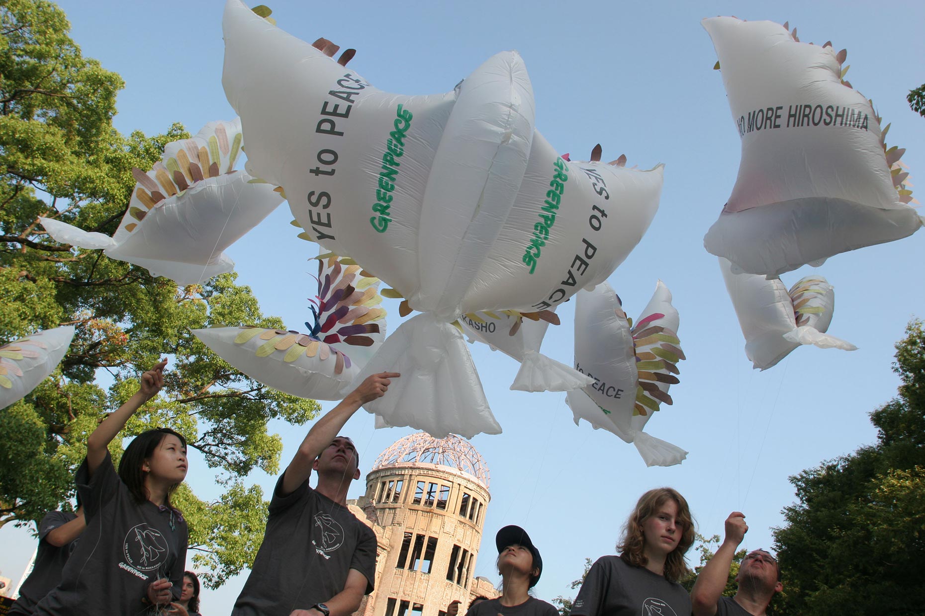 Peace dove action in Hiroshima, by Scotland Greenpeace photographer